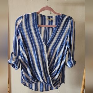 Kut From The Kloth Striped Wrap Shirt Lightweight Summer Blue‎ And White